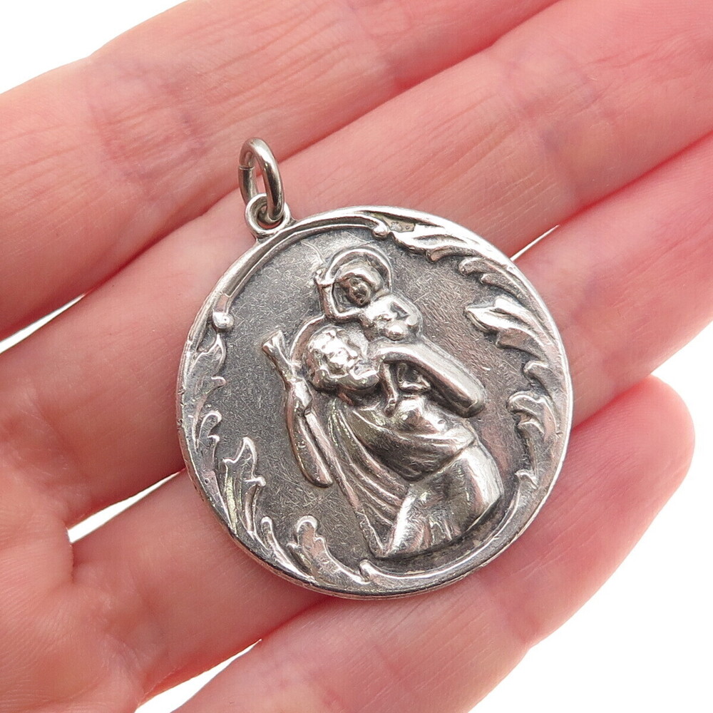 925 Sterling Silver Antique Art Deco St. Christopher Oxidized Charm Pendant
